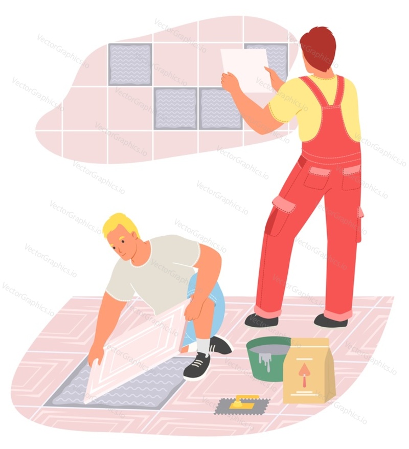 Tiling master team putting floor and wall ceramic tile vector illustration. Two craftsman working on home renovation or flat apartment repair. Professional service concept