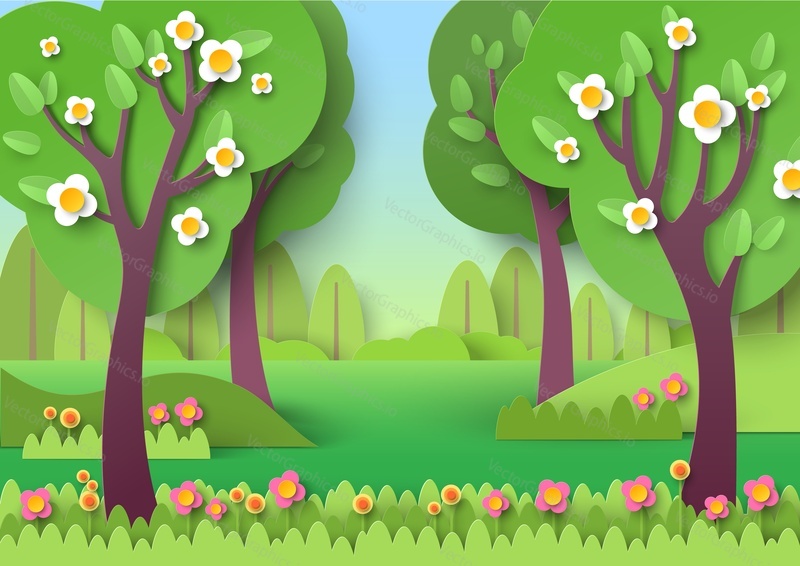 Spring forest with tree and flowers in blossom vector illustration. Woodland natural paper cut origami style. Idyllic landscape, panoramic countryside landscape with wildflowers fields concept