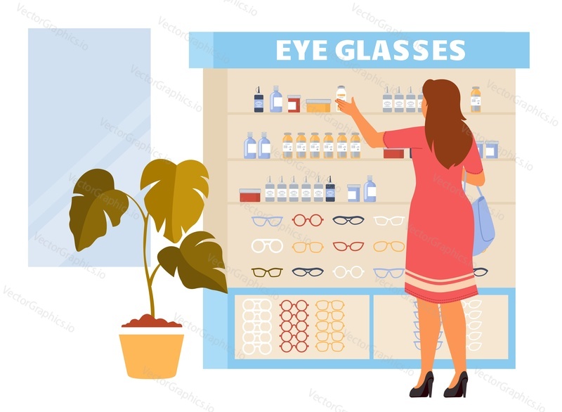 Woman customer at eyeglasses shop choosing and buying drops for eyes or contact lens liquid on showcase vector illustration. At ophthalmology store concept