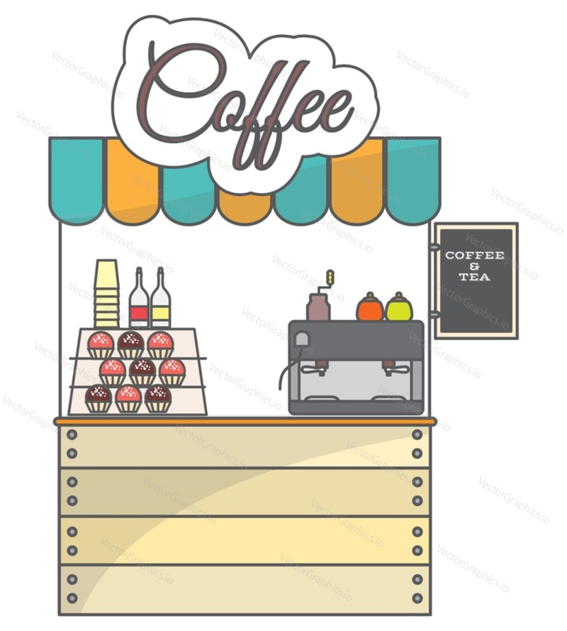 Векторная иллюстрация витрины уличного магазина чая и кофе. Киоск кафе с кофеваркой и меню сладких десертов. Концепция местного рынка быстрого питания