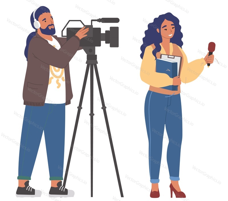 Interview by journalist and cameraman vector illustration. Cartoon woman reporter with microphone and videographer with camera recording reportage for TV news isolated on white background
