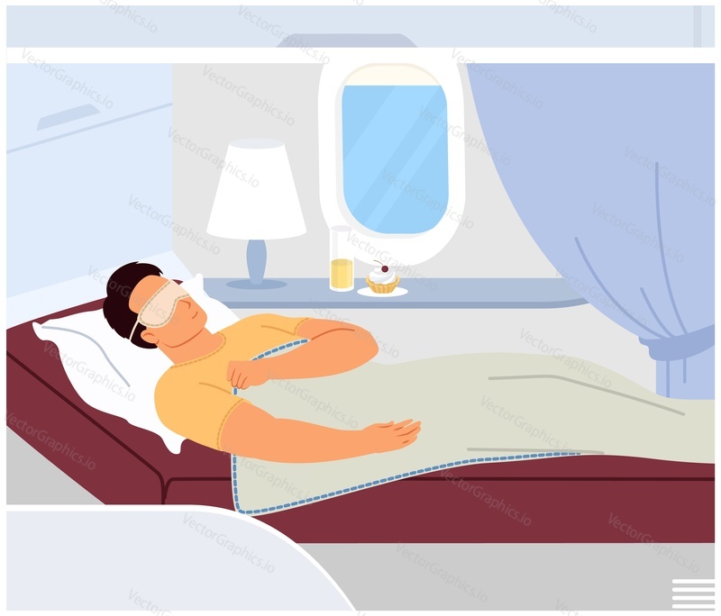 Vector man vip passenger of business class sleeping during aircraft travel illustration. Comfortable airplane interior. Time for leisure and relax during flight