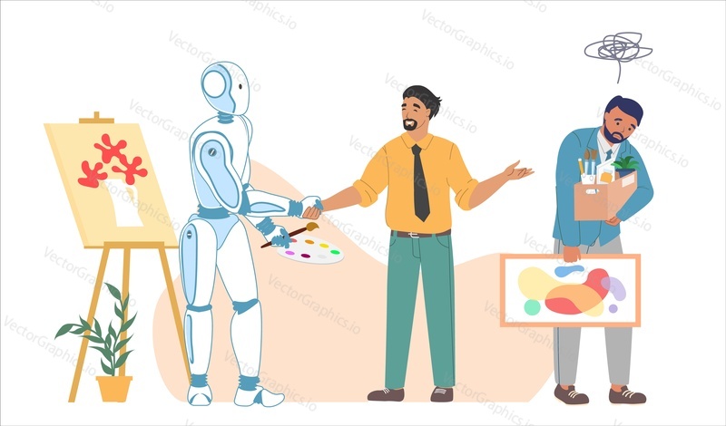 Robot painter drawing picture on canvas with paintings vector illustration. Happy boss handshaking robotic hand while sad fired creative artist going away. Artificial Intelligence versus human art