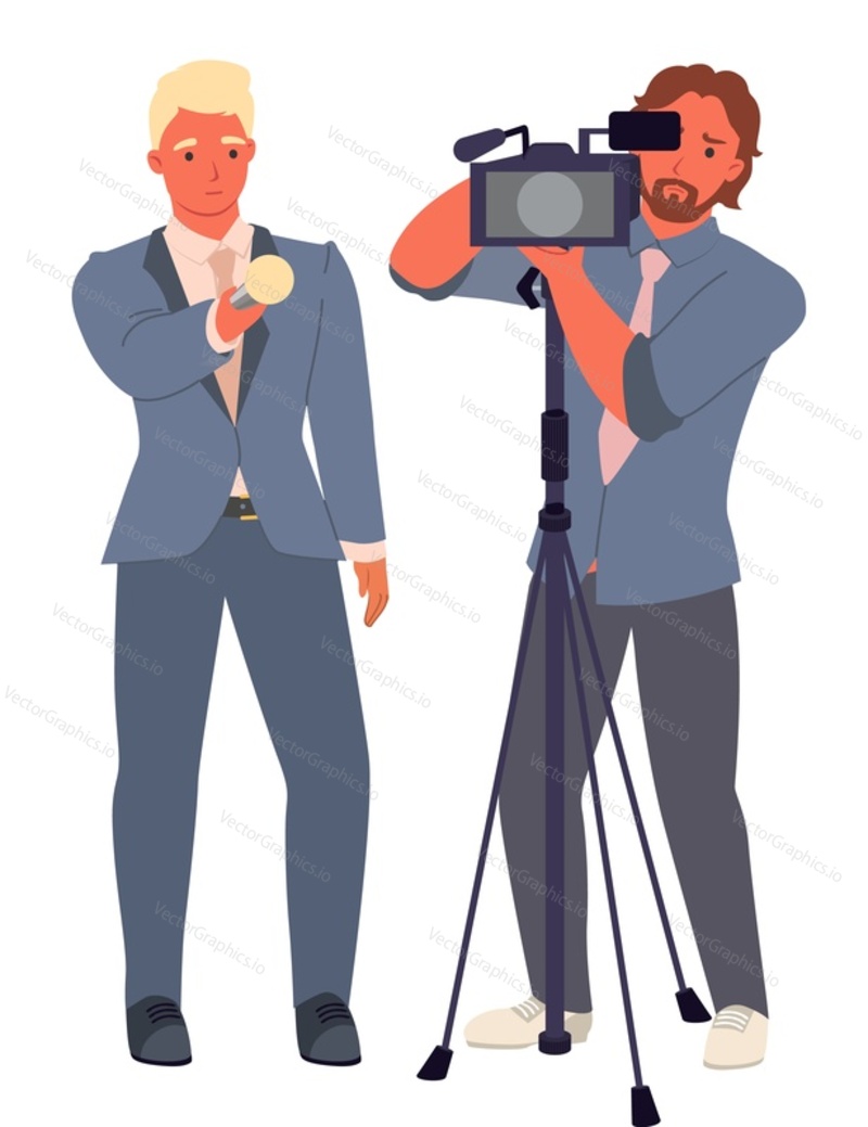 Vector journalist and cameraman creating TV broadcast illustration isolated on white background. News presenter with microphone and videographer shooting interview. Mass media workers