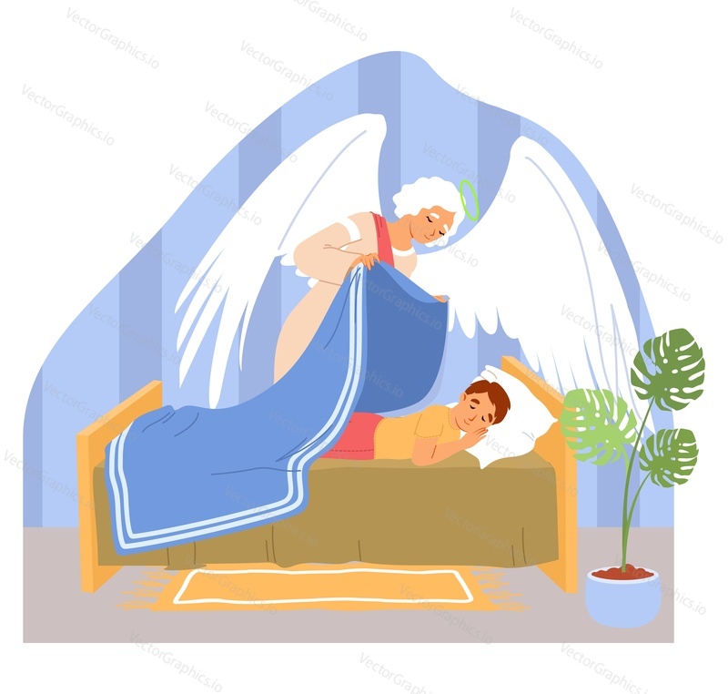 Angel keeper with wings and golden nimbus caring for sleeping boy child in home bed at night vector illustration. Support, protection and defense of children, faith and religion concept