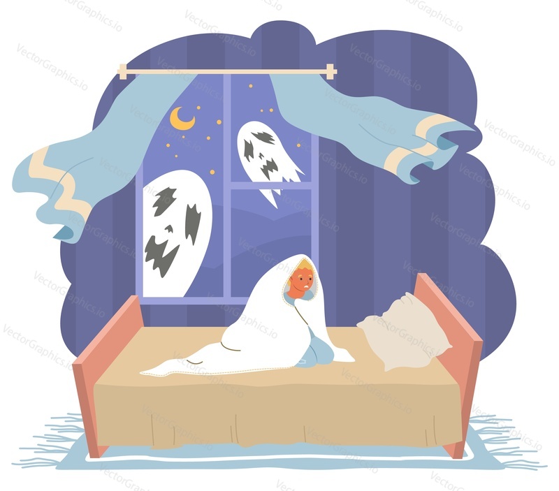 Child fears vector. Little boy afraid of ghosts illustration. Sleepless kid sitting on bed under blanket suffering from insomnia. Frightened children and terrible nightmare