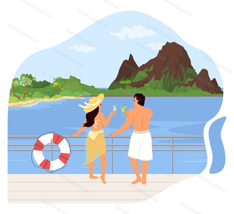 Happy loving young couple enjoying rest drinking cocktail travelling by cruise liner ship vector illustration. Holiday vacation and tourist trip concept