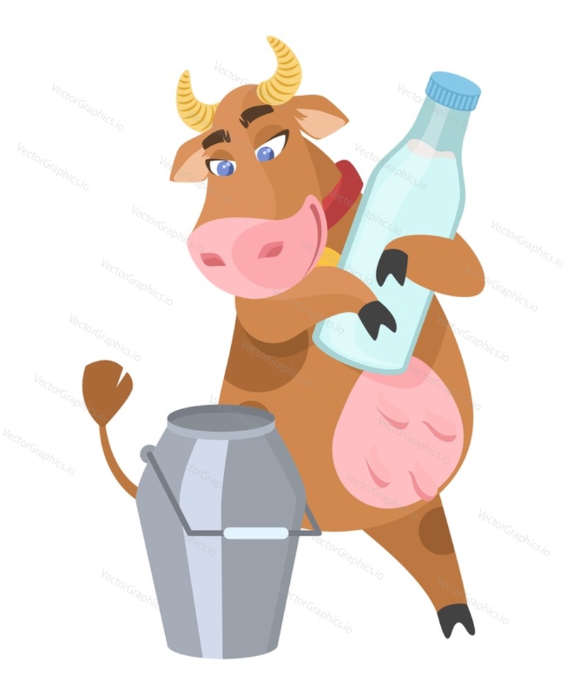 Счастливая улыбающаяся симпатичная корова держит бутылку молока, стоящую рядом с плоской мультяшной иллюстрацией из алюминиевой канистры. Забавное животное и концепция органического молочного продукта