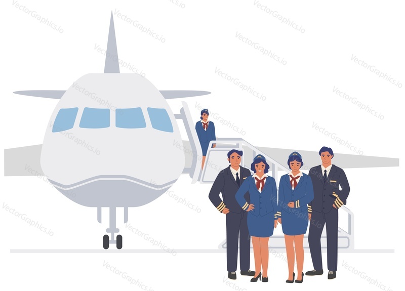 Vector flight crew standing together at airplane illustration. Professional airline team in uniform. Ship captain and co-pilot and stewardesses service people
