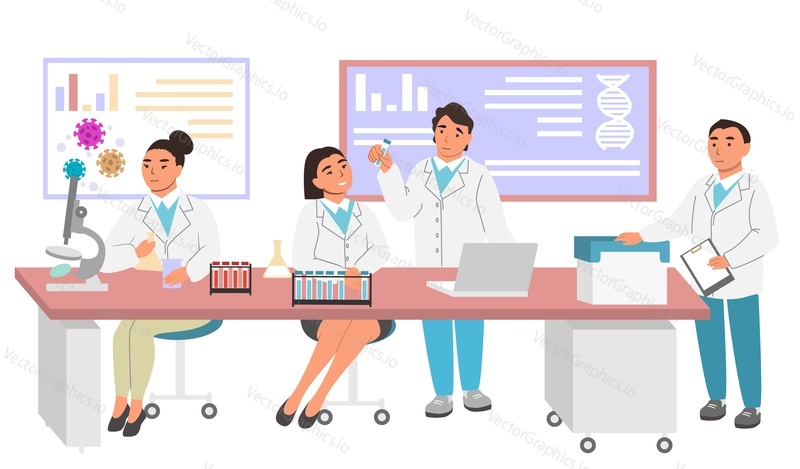 Scientist team working in laboratory vector illustration. Doctors and chemical researchers in lab coat making analysis, conducting experiment with test tube, flask and microscope. Science concept