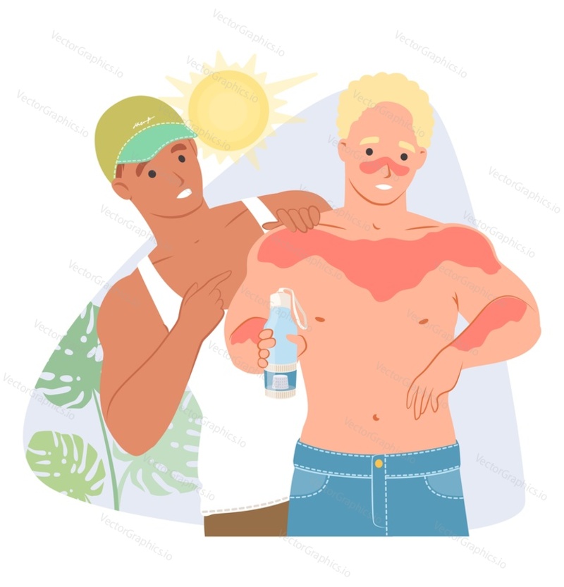 Вектор солнечных ожогов. Мультяшный мужчина помогает другу с поврежденной кожей, нанося лосьон для загара и солнцезащитный крем с SPF. Уход за кожей и защита во время принятия солнечных ванн на иллюстрации пляжа