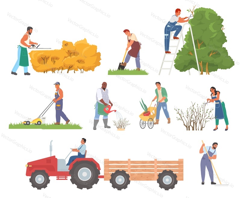 Farm worker cartoon character in garden isolated set. Farmer, gardener, tractor driver, lawnmower at work vector illustration