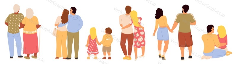Isolated set of people couple different age view from back. Young, adult, teenage, senior and children pair of female and male characters hugging standing and sitting together vector illustration