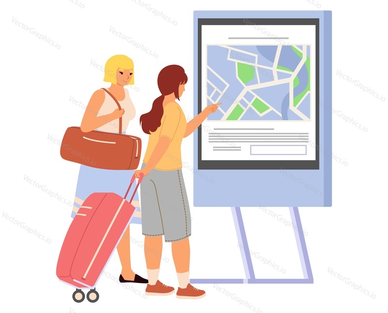 Молодая женщина-путешественница с багажной сумкой, использующая интерактивный навигационный киоск самообслуживания, векторная иллюстрация, изолированная на белом фоне