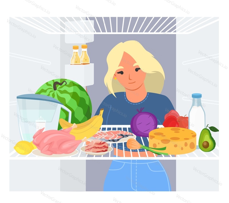 Vector young slim woman looking inside opened refrigerator searching for healthy snack cartoon illustration. Problem of excess weight and healthcare