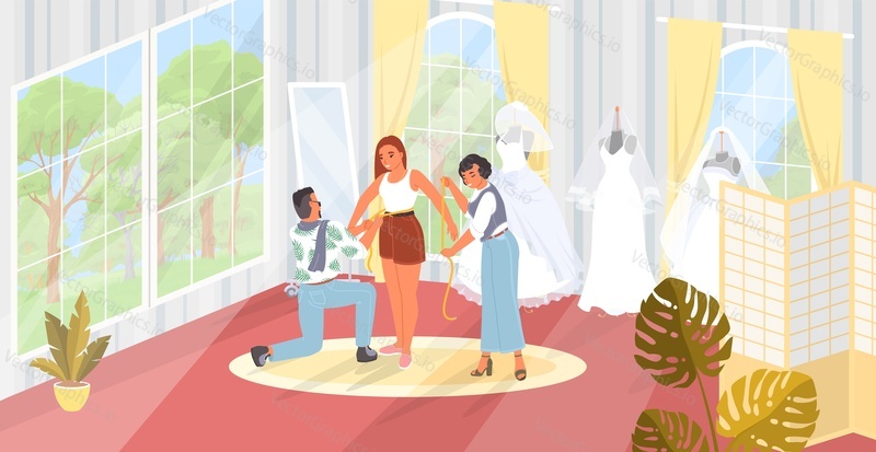Team of tailor master taking measure of pretty bride for elegant wedding dress vector illustration. Process of sewing traditional garment for marriage in professional workshop atelier studio