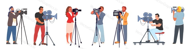 Персонажи людей-видеографов с камерой, снимающей видеорепортаж, телепрограмму или кинотеатр, изолированные на белом фоне. Мужчина и женщина - профессиональные операторы, векторная иллюстрация оператора