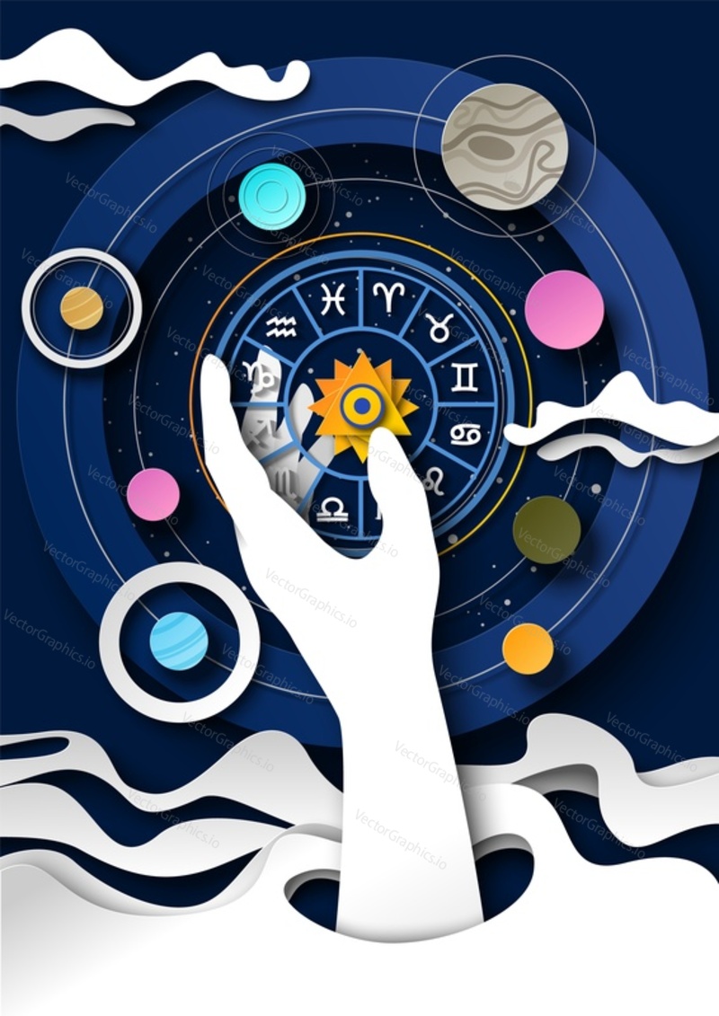 Astrology science creative paper-cut art style vector illustration with human hand of fortune taller or astrologist spinning zodiac circle to predict influence space planet