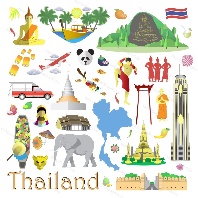 Thailand icons and travel symbols isolated set. Famous touristic attractions, national food and drinks, sport and entertainments, traditional flag, transport and buildings vector illustration