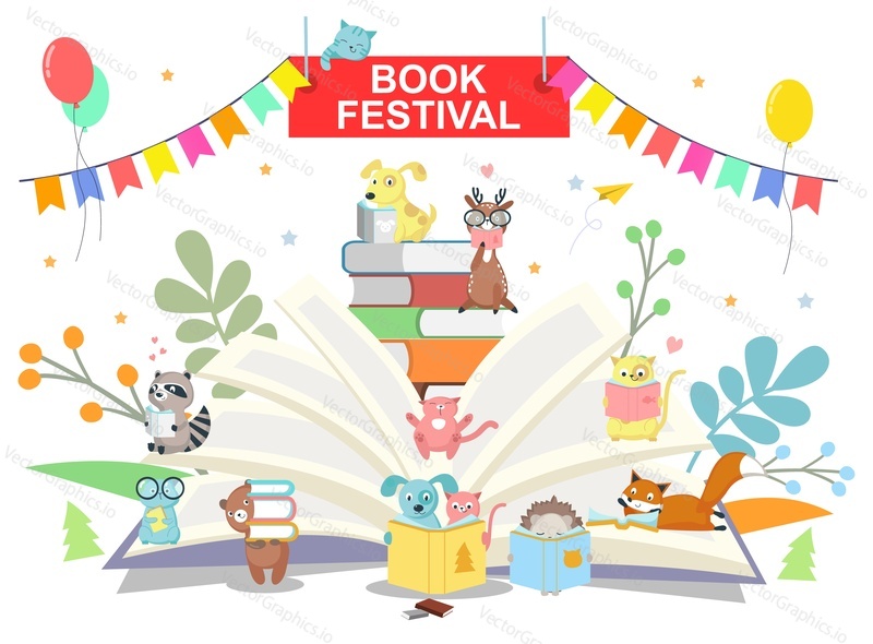 Book festival smart tiny animal reading, choosing textbook, carrying stacked literature over huge opened book vector illustration. Library, bookstore and electronic service for reader advert