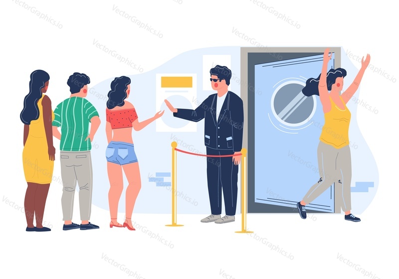 Night club face control security service vector illustration. Guard man person inviting guest, checking list and tickets at door entrance