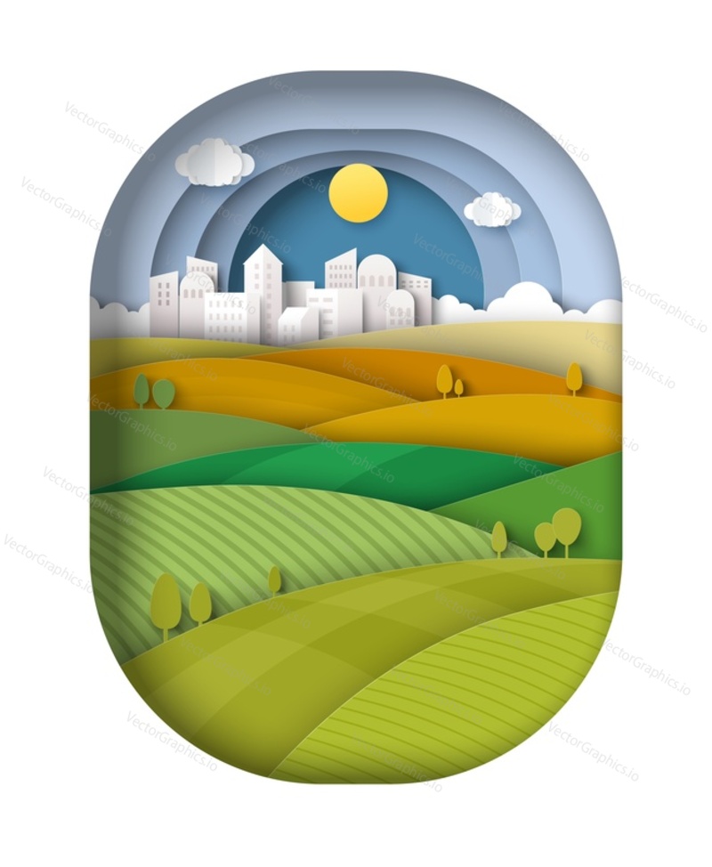 Panorama view on green field over cityscape skyline with residential apartment houses vector illustration in paper cut craft style. Summer or spring landscape nature scene background