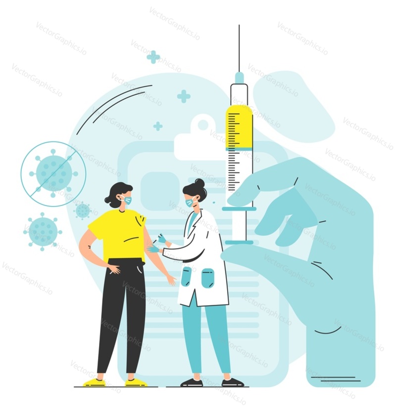 Векторная иллюстрация сцены вакцинации с врачом, делающим инъекцию пациентке и держащим шприц в руке. Защита от инфекции гриппа, иммунитет и концепция здравоохранения