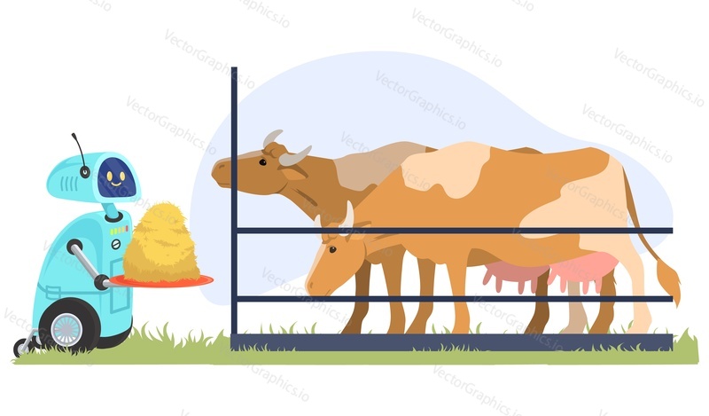 AI robot helper assisting at farmyard livestock feeding cow at stall holding hay on tray vector illustration. Smart automated farming and artificial intelligence technology concept
