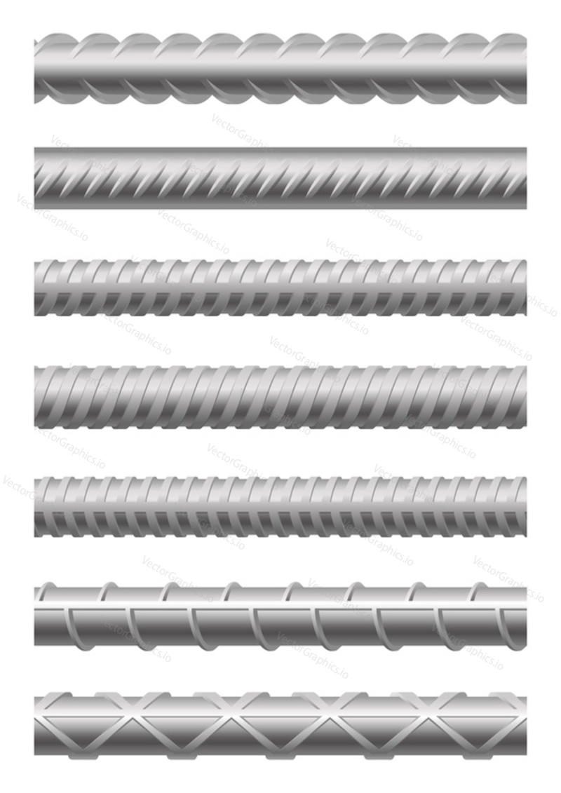Endless rebars metal profiles rod and armature set isolated on white background. Different stainless steel construction materials for reinforcing buildings and engineering structure vector illustration