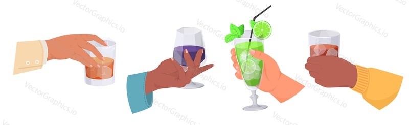 Человеческие руки, держащие алкогольный коктейль и напитки, изолированная векторная иллюстрация на белом фоне. Мужчина и женщина с мохито, виски, вином и бренди в бокалах для коньяка