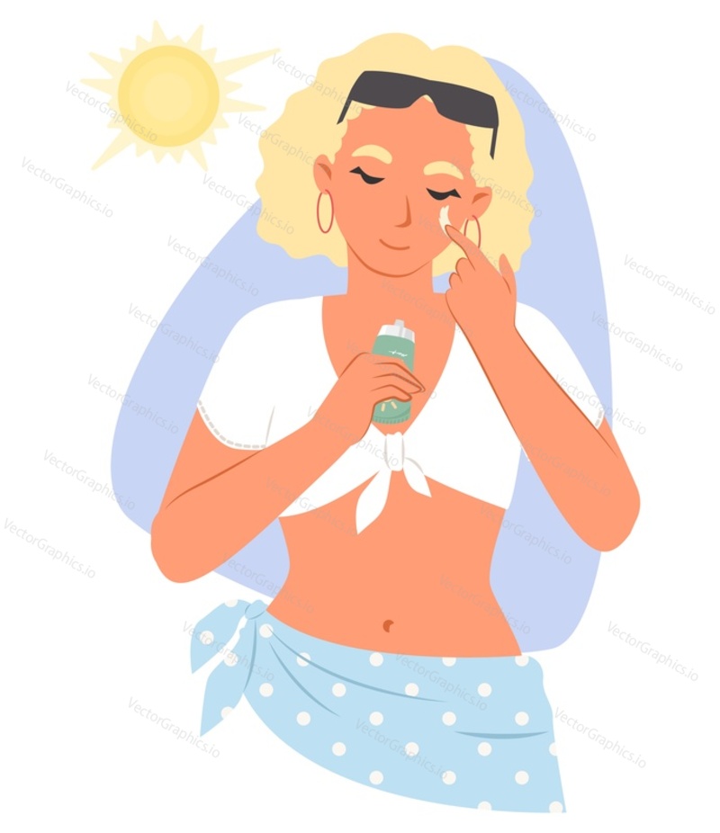 Векторная молодая женщина, использующая солнцезащитный крем, наносящая солнцезащитный крем spf на лицо. Концепция безопасного принятия солнечных ванн на пляже курорта