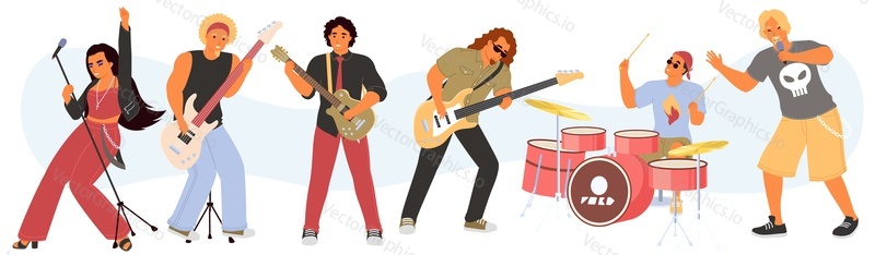 Rock band cartoon characters singing song playing music isolated set. Excited male and female people performing with music instruments vector illustration. Soloist, guitarist, drummer personage