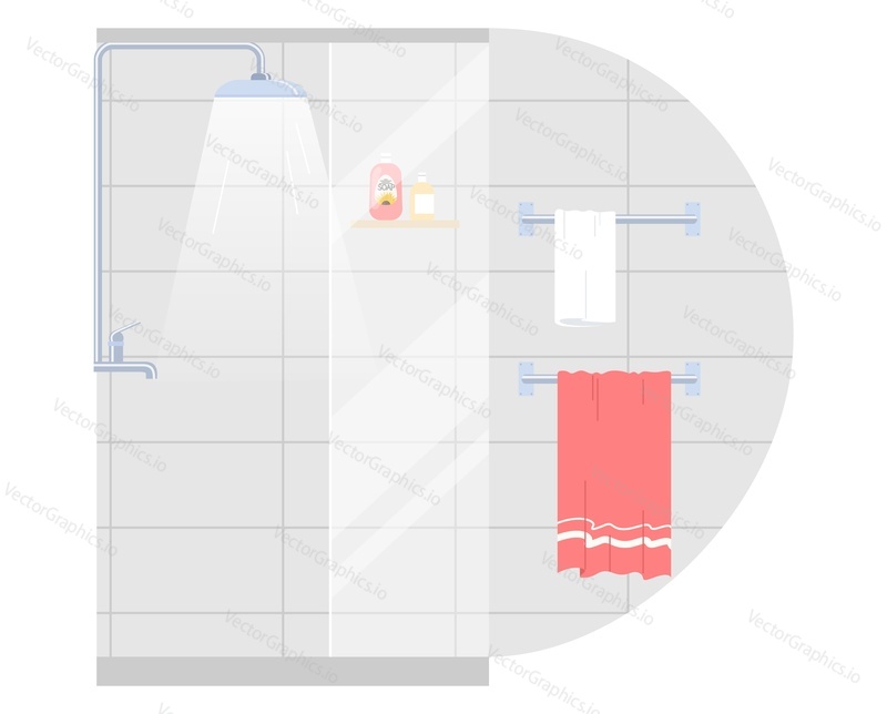 Мебель для ванной комнаты домашний интерьер отеля с душем и векторной иллюстрацией подвесной башни. Минималистичный современный пустой туалет