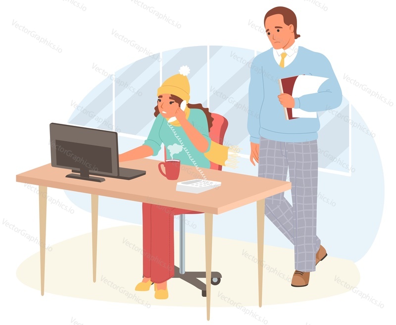Cold in office scene. Female employee suffering from low temperature at workplace wearing warm hat sitting at table working on computer answering phone call under control of boss vector illustration