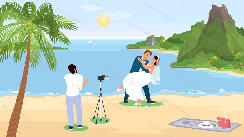 Профессиональная свадебная фотография, делающая снимок любящей молодоженской пары на береговой линии морского курорта векторная иллюстрация. Романтические флюиды, церемония бракосочетания на морском побережье