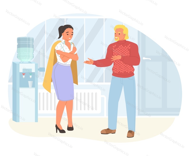 Colleagues talking at unheated office hall scene. Vector illustration of man and woman coworker having break and trying to keep warm