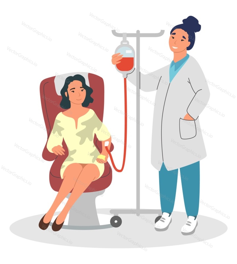 Вектор дня донора для сдачи крови с женщиной, делающей пожертвование, сидя в больничном кресле, подключенном к капельнице для переливания. Иллюстрация процесса проверки и контроля медсестрой
