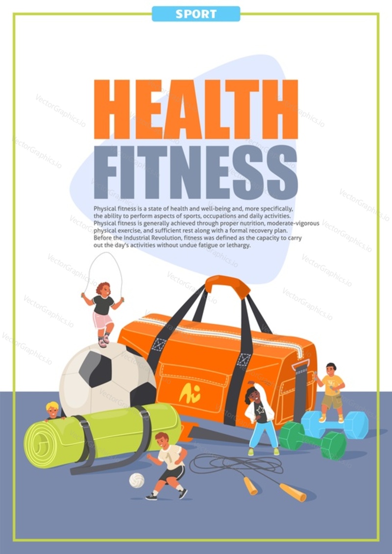 Health fitness poster or flyer template with happy children and sport accessories flat cartoon design. Invitation banner advertising everyday healthcare activities for adults and kids