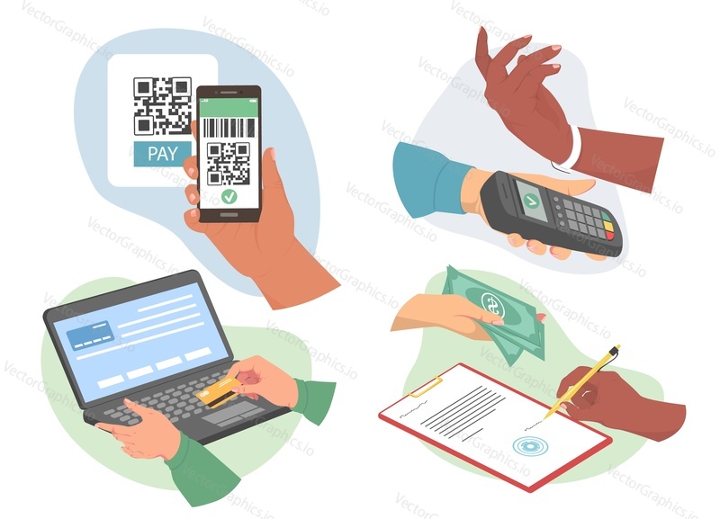 Different payment option and financial operation isolated set with human hands. Cash, contract loan pay, mobile banking, credit card, smartwatch vector illustration