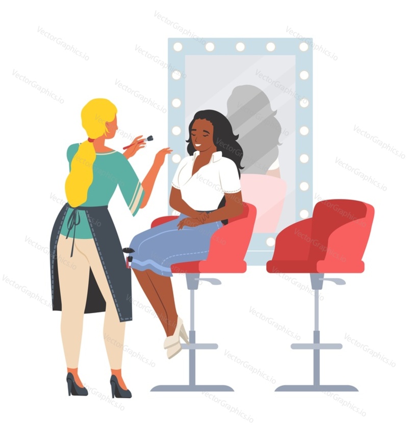 Makeup artist serving client at professional beauty studio vector illustration. Female master beautician preparing female for holiday event scene