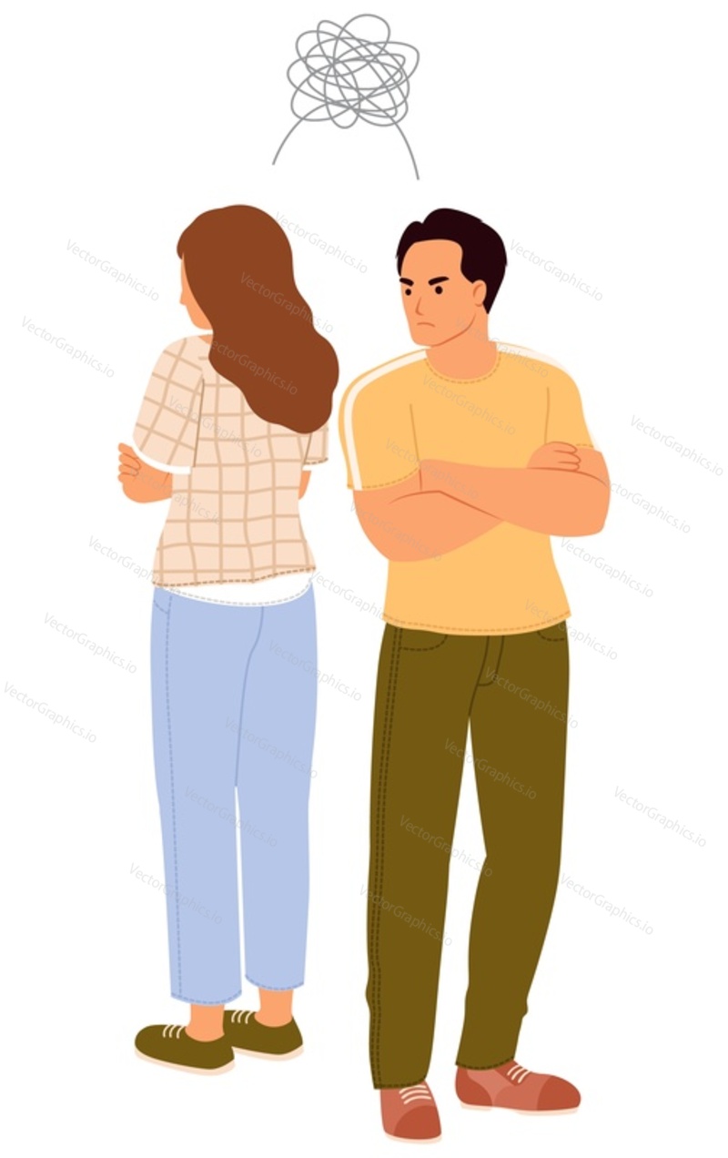 Family quarrel concept. Flat cartoon married couple having problem in relationship. Conflicts between husband and wife standing back to each other isolated on white background