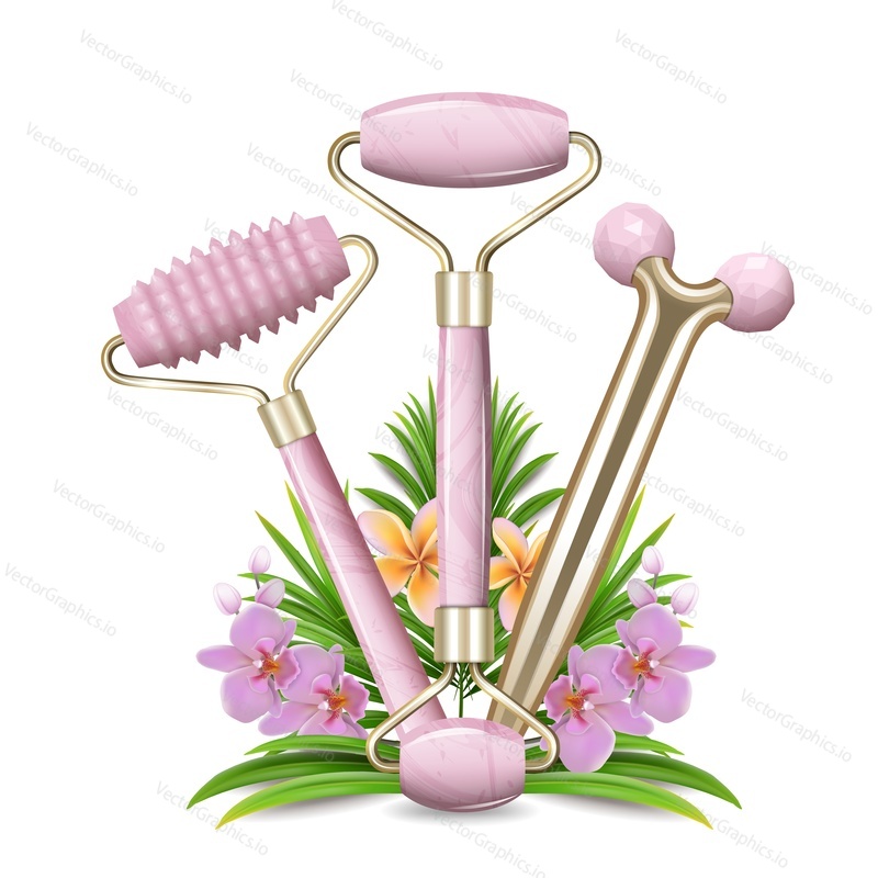 Композиция инструментов для массажа лица роликами Гуа Ша с цветочным декором. Векторная иллюстрация рекламного баннера или плаката. Инструмент для ухода за кожей лица из натурального розового кварца