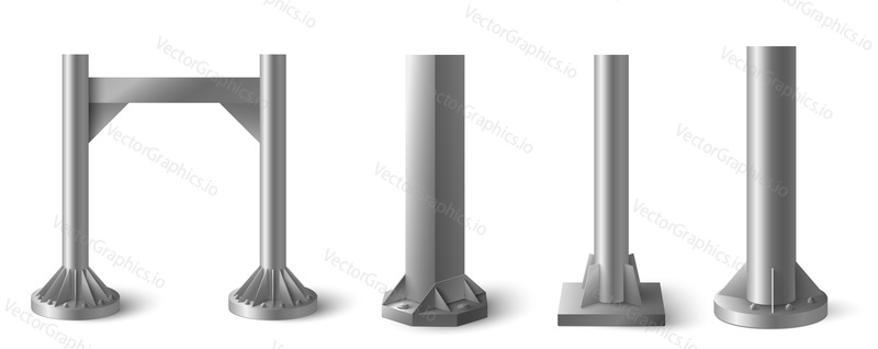 Прочные стальные столбы различной формы и диаметра. Реалистичная металлическая векторная иллюстрация крепления баннера и держателя, выделенная на белом фоне