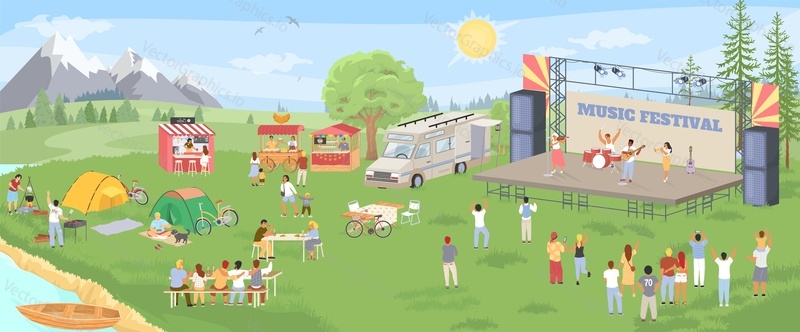 Music festival outdoors party event in park scene. Vector illustration of open-air cultural entertainment with live performance of musical group on stage in public place with people visitors