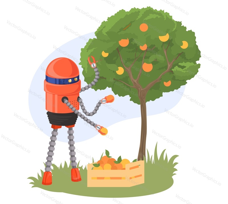Робот-агроном с искусственным интеллектом собирает урожай в саду, собирая спелые фрукты с векторной иллюстрации дерева. Концепция автоматизированной жизни на ферме, садоводства и растениеводства