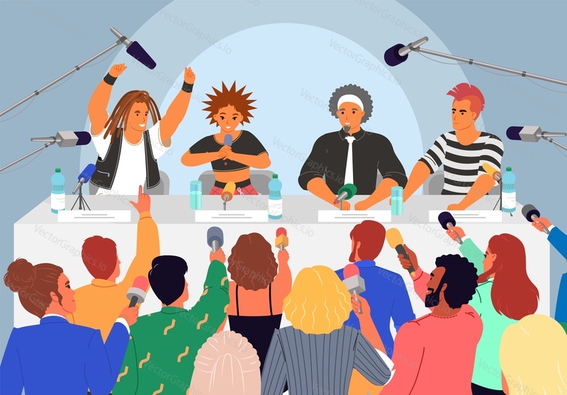 Popular music rock band stars giving press conference to journalists holding microphones and asking questions vector illustration