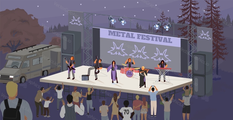 Heavy metal rock festival celebration vector illustration. Open air party in city park with musical band performing on stage, excited crowd of people dancing under starry night sky