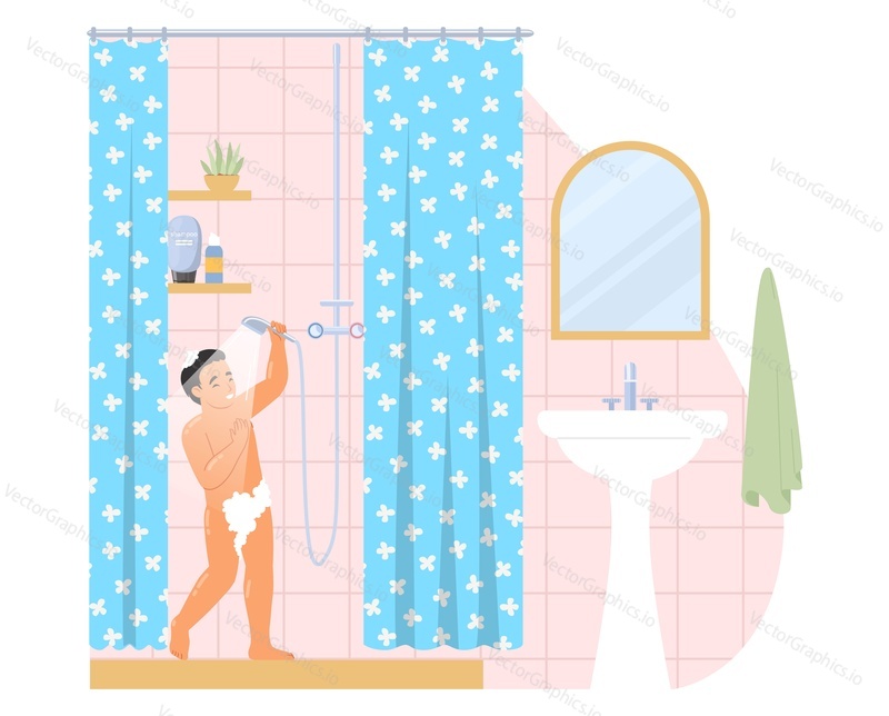 Little boy child character taking shower at home vector illustration. Children everyday hygiene routine concept