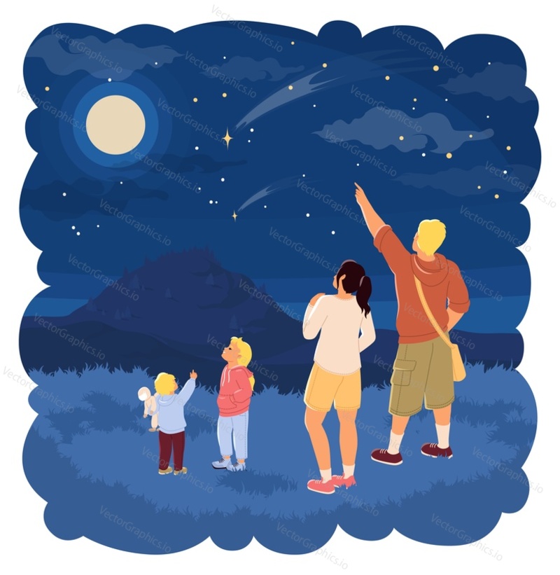 Happy family travelling rest outdoors together looking into night starry sky vector illustration. Mother, father and children over nature park scenery