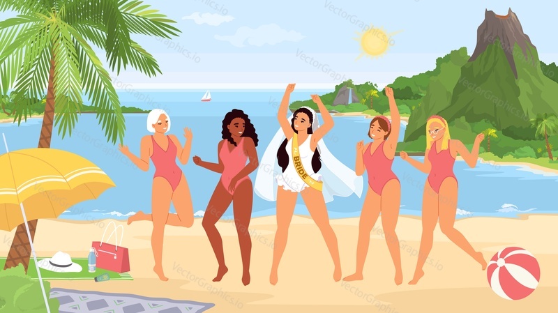 Hen party on beach concept with happy young women in swimsuits having fun and dancing together during celebration future marriage vector illustration